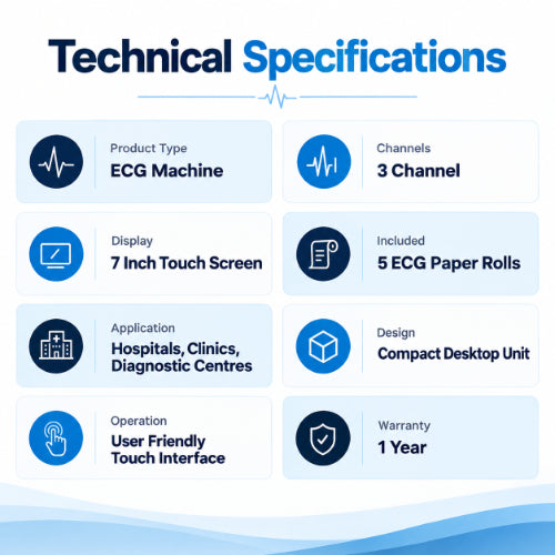 3 channel ecg machine technical specifications with 7 inch touch screen, compact desktop design, user friendly interface and 1 year warranty