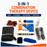 3 in 1 combination therapy device with tens ultrasonic deep heat and complete therapy accessories