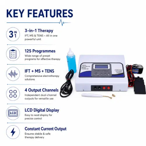 3 in 1 combination therapy unit key features with ift ms tens lcd display and 4 output channels