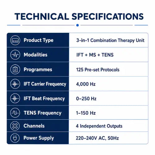 3 in 1 combination therapy unit technical specifications with ift ms tens and 125 programmes