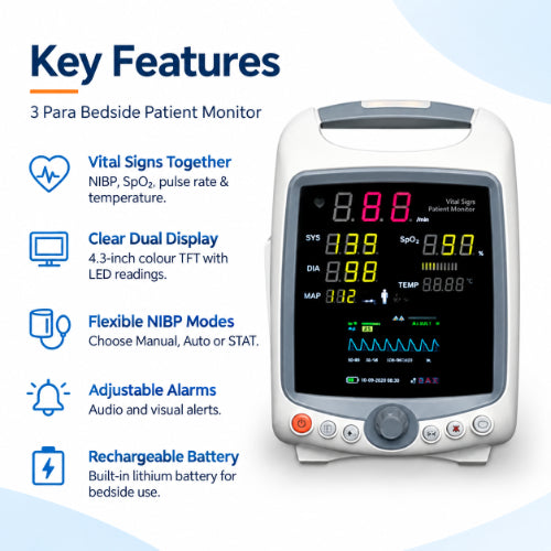 3 para bedside patient monitor key features including vital sign monitoring, clear dual display, manual auto stat nibp modes, adjustable alarms and rechargeable battery