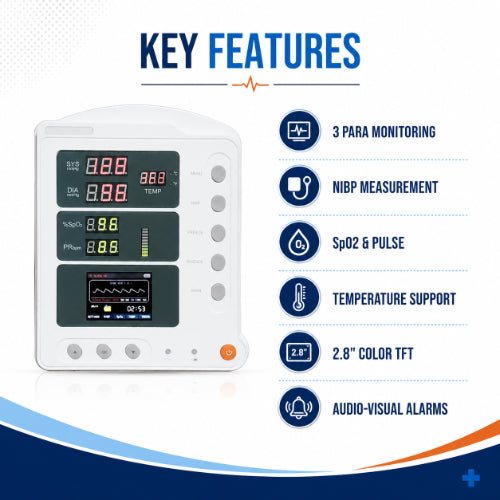 3 para bedside patient monitor key features with color display audio visual alarms and rechargeable battery