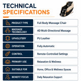 4d full body massage chair technical specifications for home office and wellness spaces