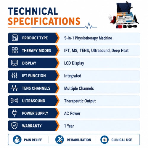 5 in 1 physiotherapy machine technical specifications with ift ms tens ultrasound and deep heat