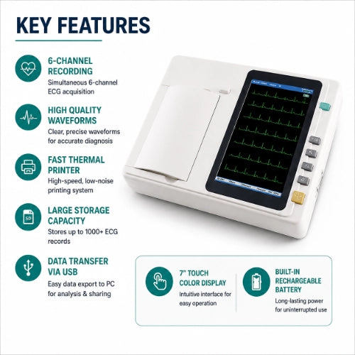 6 channel ecg machine key features with data storage usb transfer touch display and built in rechargeable battery