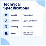 ADL training wall panel technical specifications with wooden construction, approximately 90 × 60 cm dimensions, wall-mounted design and rehabilitation use