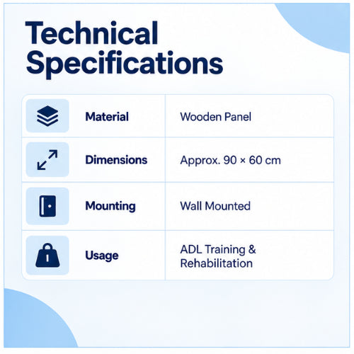 ADL training wall panel technical specifications with wooden construction, approximately 90 × 60 cm dimensions, wall-mounted design and rehabilitation use