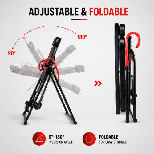 Adjustable and foldable inversion table with 0°–180° inversion range and compact folding design for easy storage