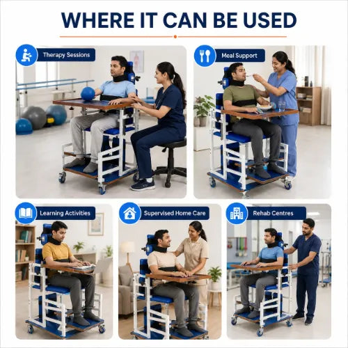 Adult CP rehabilitation chair deluxe model used for therapy sessions, meal support, learning activities, home care and rehabilitation centres