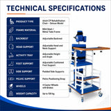 Adult CP rehabilitation chair with adjustable backrest, head support, activity tray, foot support, pelvic strap and caster wheels
