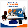 Auto mode 4 channel TENS machine with electrode pads, cables, gel bottle and strap on white background