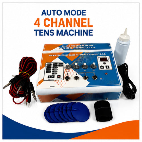Auto mode 4 channel TENS machine with electrode pads, cables, gel bottle and strap on white background