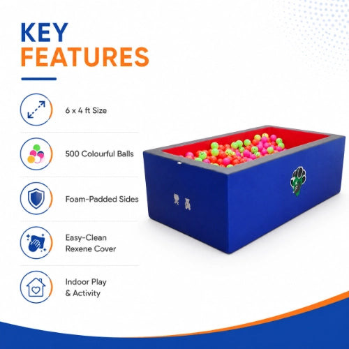 Ball pool key features including 6 × 4 ft size, 500 colourful balls, foam-padded sides, easy-clean Rexene cover and indoor play design