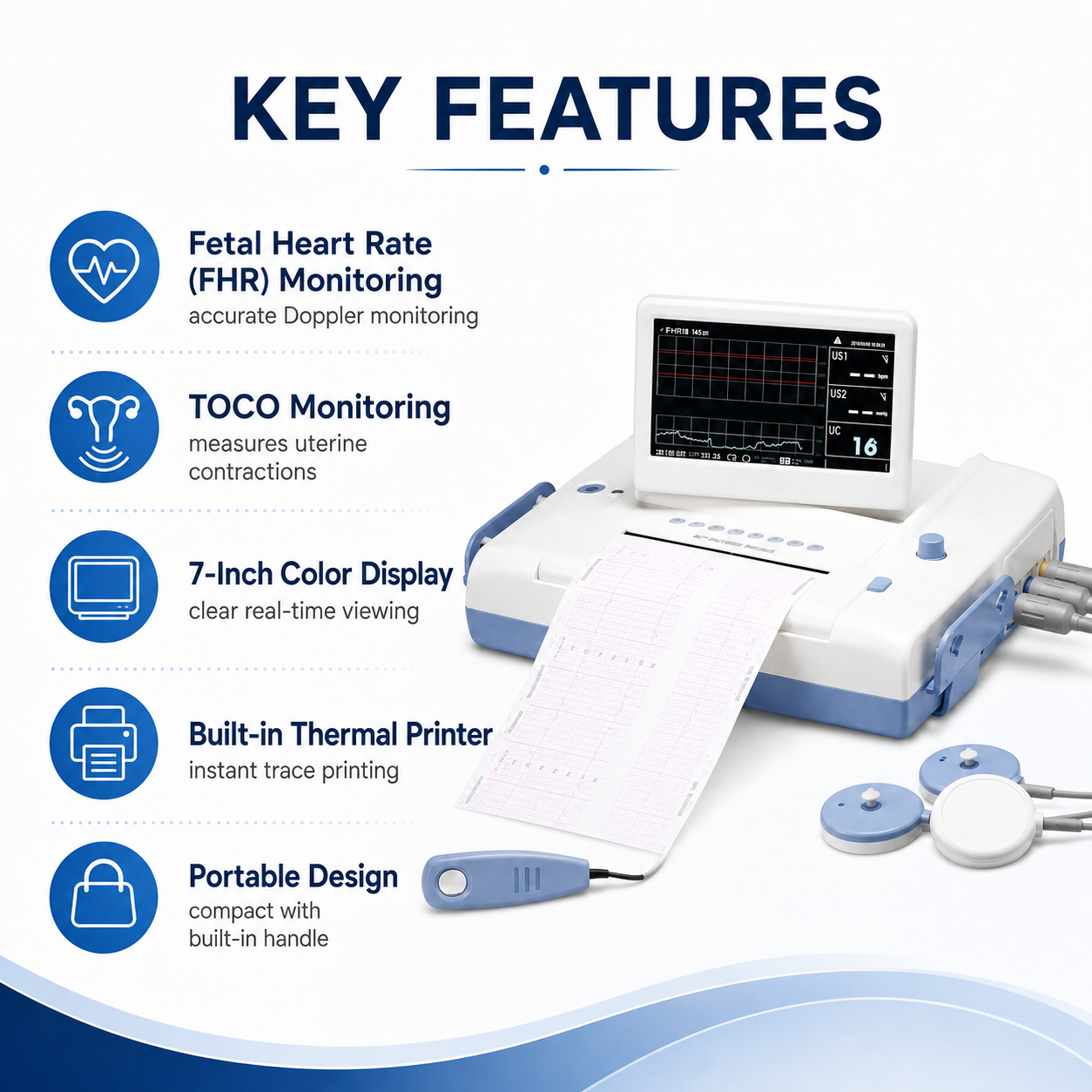 Bistos BT350 Fetal Monitor CTG Machine with 7 inch Screen LED Light Source features 