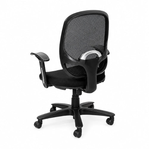 Black ergonomic mesh office chair with cushioned seat, armrests and caster wheel base for home and office use