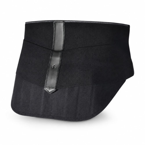 Black lumbar support belt with structured lower back support and adjustable elastic compression straps