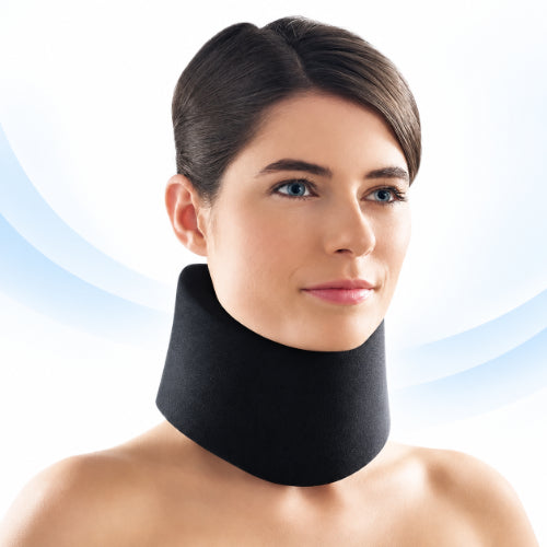 Black soft cervical neck collar worn for light neck support, posture comfort and recovery use
