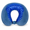 Blue U-shaped memory foam cervical neck pillow with cooling gel layer and snap button closure for travel support