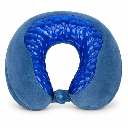 Blue U-shaped memory foam cervical neck pillow with cooling gel layer and snap button closure for travel support