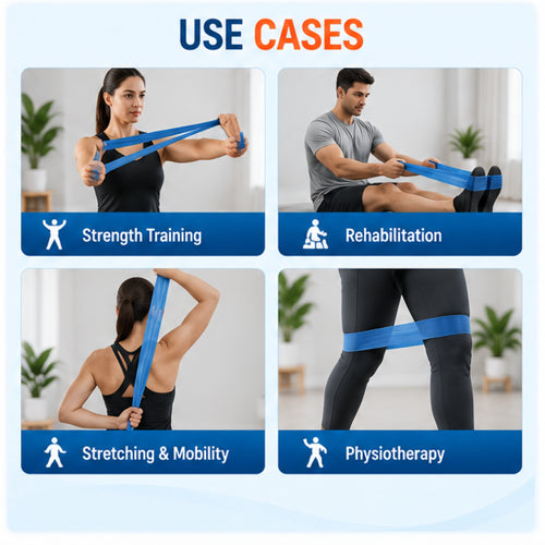 Blue resistance band use cases for strength training, rehabilitation, stretching, mobility and physiotherapy exercises