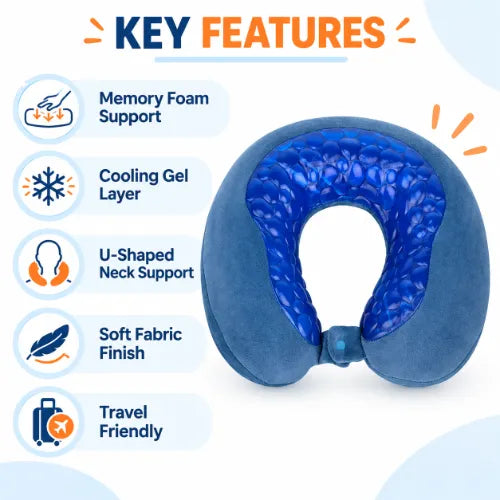 Cervical travel pillow key features including memory foam support, cooling gel layer, U-shaped neck support, soft fabric and travel-friendly design