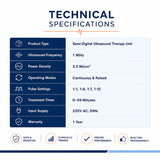 Medansh semi-digital ultrasound therapy machine technical specifications with 1 MHz frequency, 3.5 W/cm² power density and treatment timer