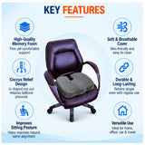 Coccyx seat cushion key features including memory foam support, breathable cover, coccyx relief design, improved sitting posture and versatile use