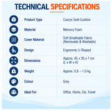 Coccyx seat cushion technical specifications with memory foam, breathable washable cover, ergonomic U-shaped design and grey finish