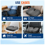 Coccyx seat cushion use cases for office seating, car travel, home use and portable travel comfort