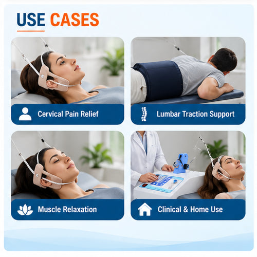 Digital cervical and lumbar traction device use cases for cervical pain relief, lumbar traction support, muscle relaxation and clinical or home therapy