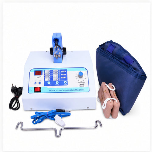 Digital cervical and lumbar traction device with control unit, head halter, traction bar, power cord and carry bag accessories