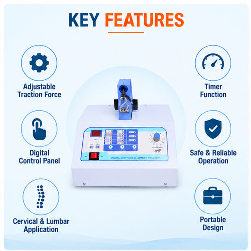 Digital cervical and lumbar traction machine key features including adjustable traction force, digital control panel, timer function and portable design