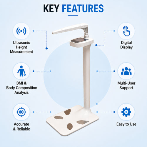 Digital height and body composition analyzer key features including ultrasonic height measurement, BMI analysis, digital display and multi-user support