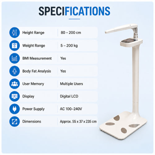 Digital height and body composition analyzer specifications with 80–200 cm height range, 5–200 kg weight range, BMI, body fat analysis and digital LCD