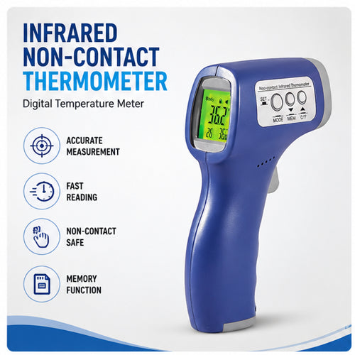 Digital infrared non-contact thermometer with fast temperature measurement, memory function and contact-free operation