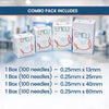 EACU acupuncture needle sizes chart, 13mm to 60mm lengths