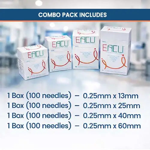 EACU acupuncture needle sizes chart, 13mm to 60mm lengths