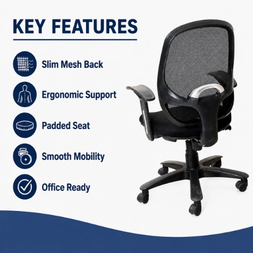Ergonomic office chair key features including breathable mesh back, padded seat, ergonomic support and smooth mobility