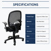 Ergonomic office chair specifications with slim mesh back, cushioned seat, fixed armrests and 5-star wheeled base