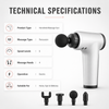 Handheld percussion massage gun technical specifications with 6 speed levels, 4 massage heads and electric operation for home, gym and wellness use