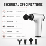 Handheld percussion massage gun technical specifications with 6 speed levels, 4 massage heads and electric operation for home, gym and wellness use