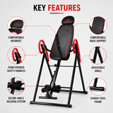 Heavy duty inversion table key features including comfortable headrest, padded back support, foam safety handles, secure ankle holder and steel frame