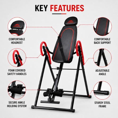 Heavy duty inversion table key features including comfortable headrest, padded back support, foam safety handles, secure ankle holder and steel frame