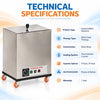 Hydrocollator machine technical specifications showing moist heat therapy, steel body construction, thermostatic control, capacity options and 1 year warranty