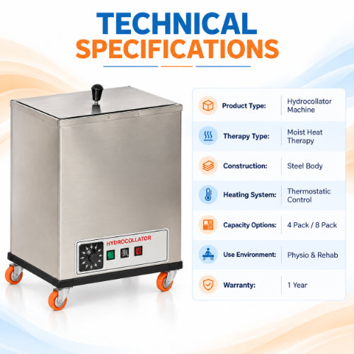 Hydrocollator machine technical specifications showing moist heat therapy, steel body construction, thermostatic control, capacity options and 1 year warranty