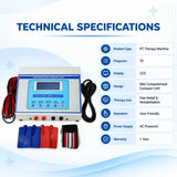 IFT therapy machine technical specifications showing 70 therapy programs, LCD display, AC power supply and 1 year warranty