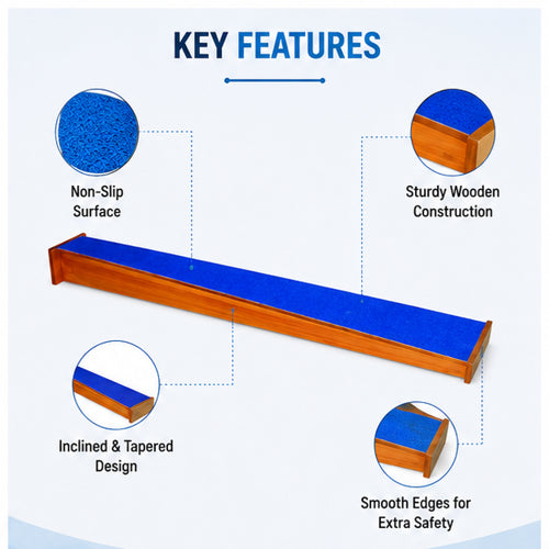 Inclined tapered balance beam key features including non-slip surface, sturdy wooden construction, tapered design and smooth safety edges
