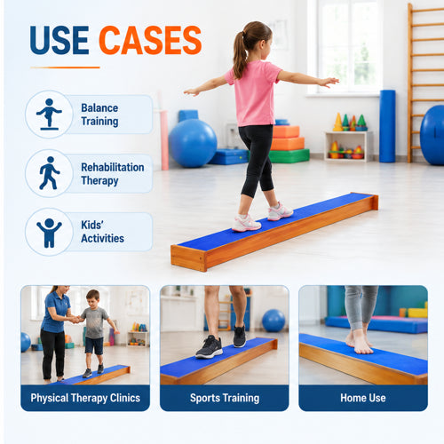 Inclined tapered balance beam use cases for balance training, rehabilitation therapy, kids’ activities, physical therapy clinics, sports training and home use