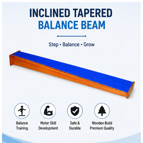 Inclined tapered wooden balance beam for balance training, motor skill development, rehabilitation and coordination exercises