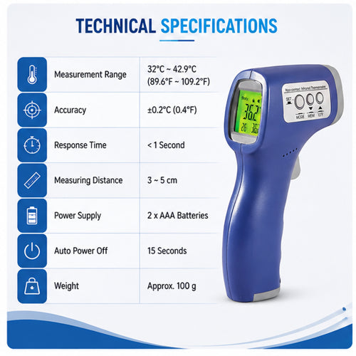 Infrared non-contact thermometer technical specifications with 32°C–42.9°C range, ±0.2°C accuracy, under 1 second response and 3–5 cm measuring distance